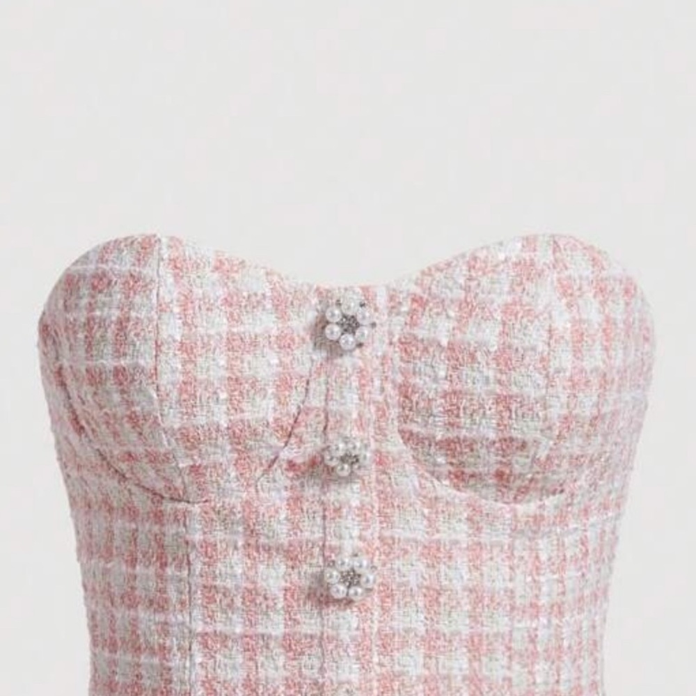 Pink Tweed Strapless Bustier with Pearl Buttons